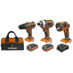 KIT HERRAMIENTAS INALAMBRICAS 3PZAS 18V C/2BATERIAS 2AH Y CARGADOR FLOWMAK